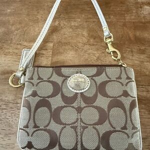 Embellished COACH Signature Canvas Wristlet w/Gold Leather Accents